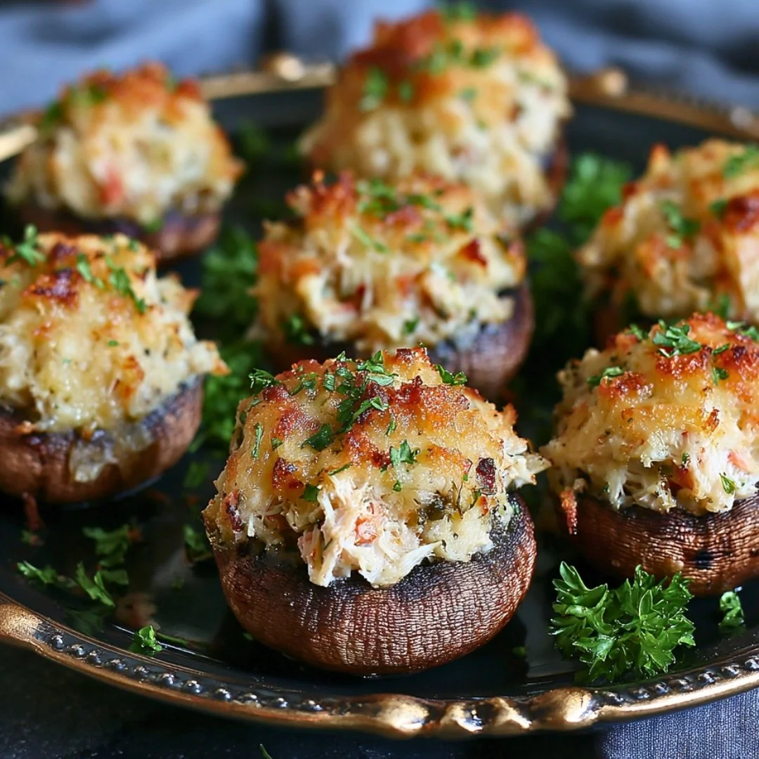 Savory crab stuffed mushrooms served on a platter, garnished with herbs.