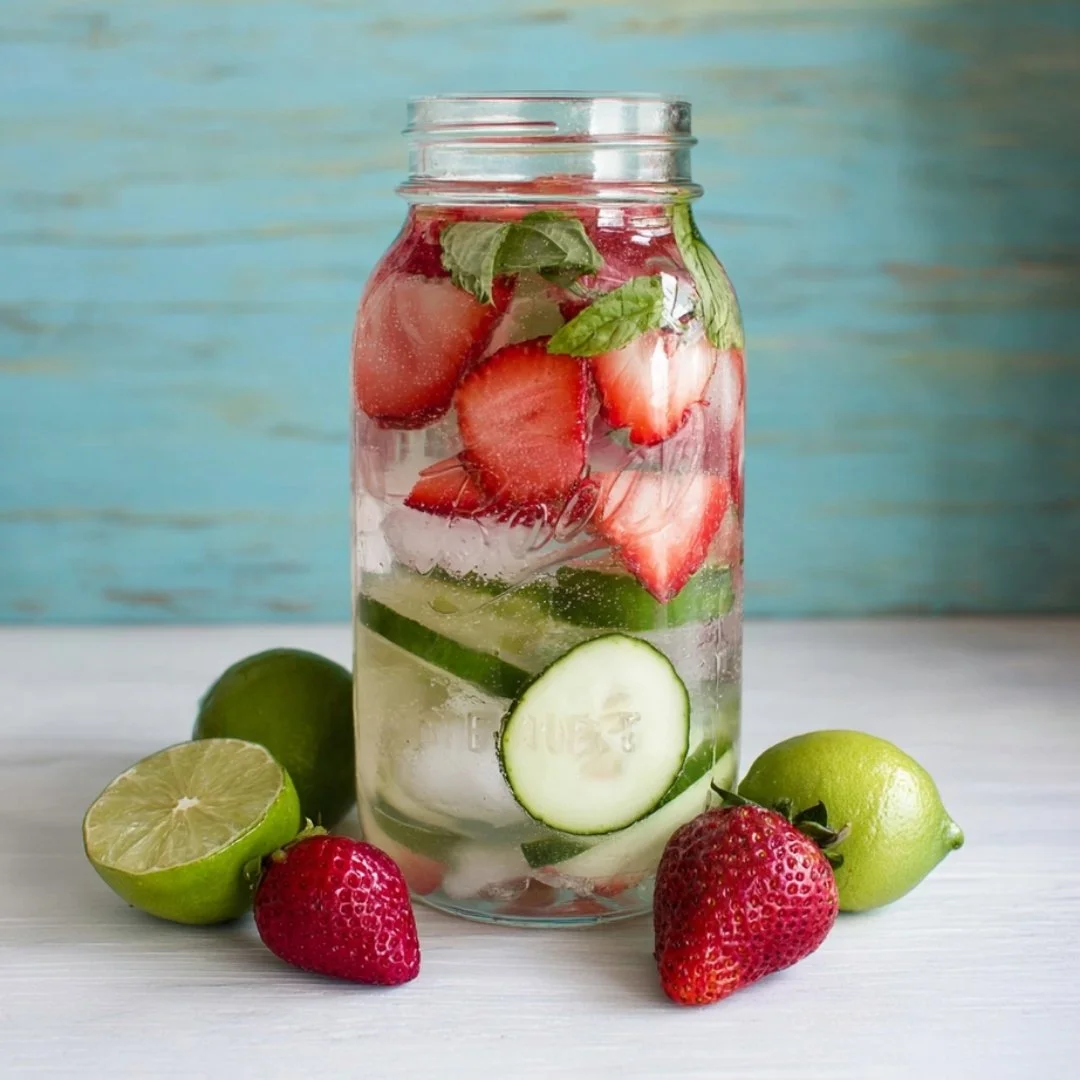 A bright, fizzy blue beverage with granulated salt crystals and a clear jar on a granite surface.