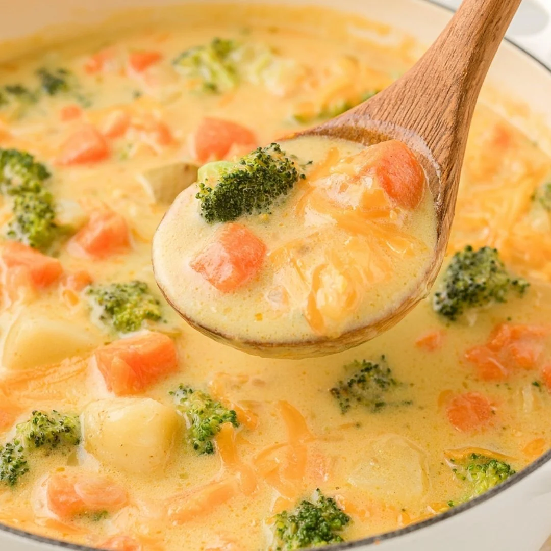Bowl of creamy vegetable soup with fresh vegetables and herbs