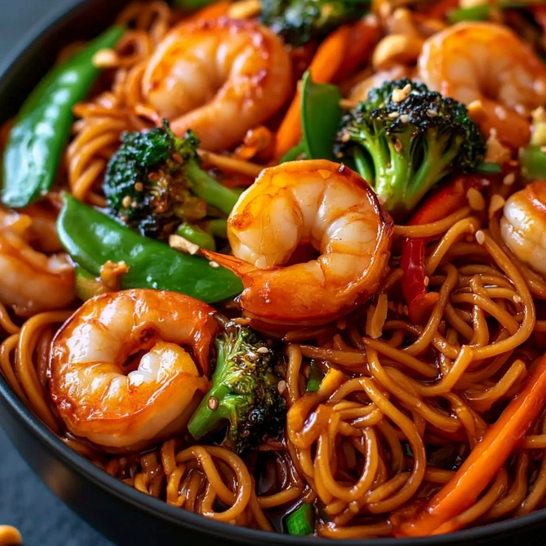 High-protein one-pan shrimp stir fry with colorful veggies and noodles