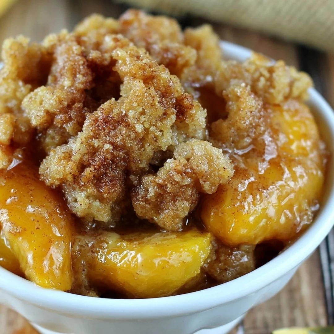 Delicious homemade peach crisp dessert with golden brown topping