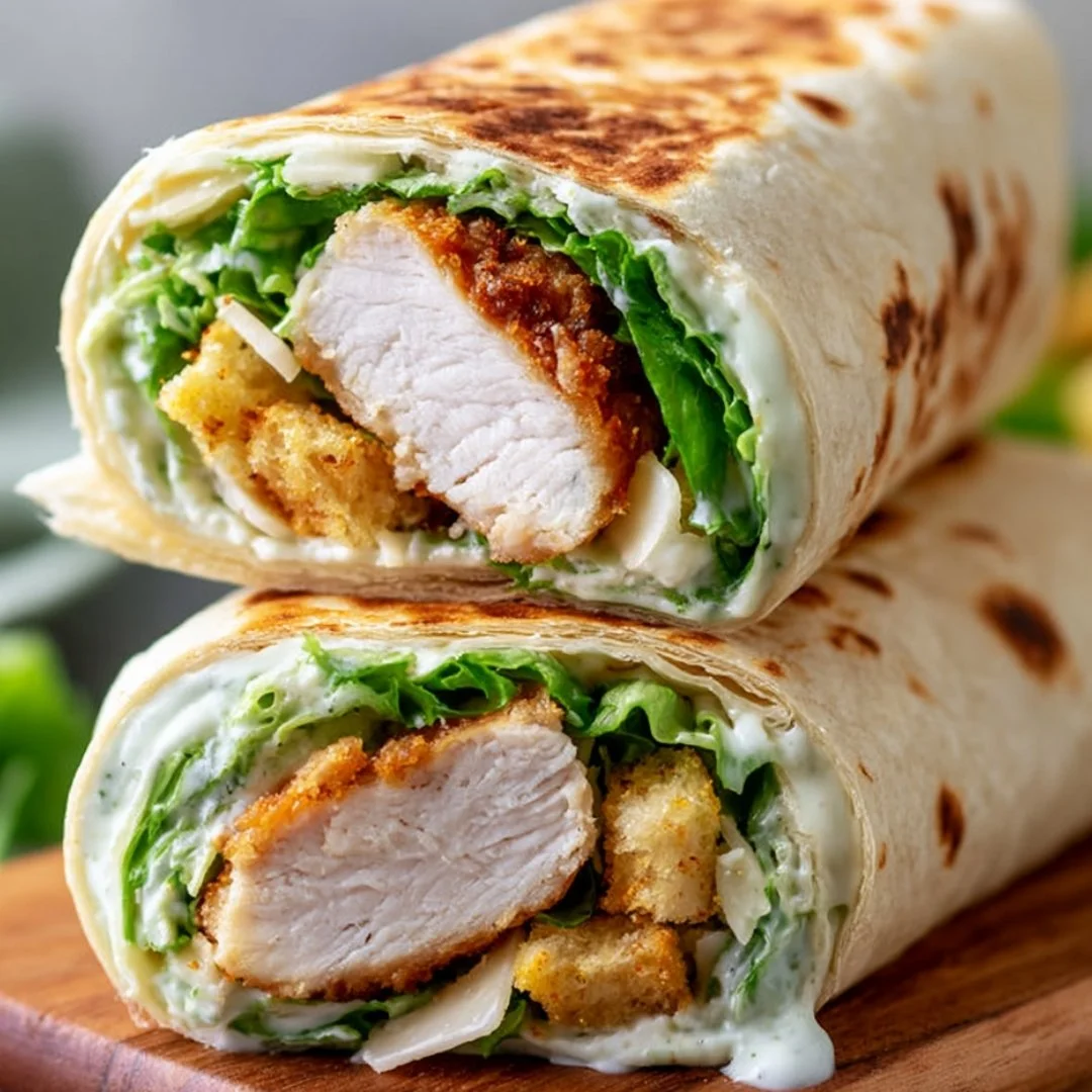 Ultimate Chicken Caesar Wraps with crispy chicken and creamy dressing